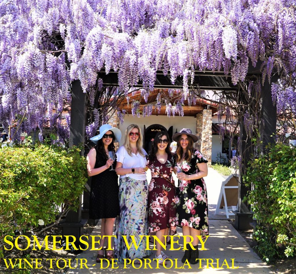 Four women posing together with wine glasses under purple wisteria at Somerset Winery on De Portola Road in Temecula.
