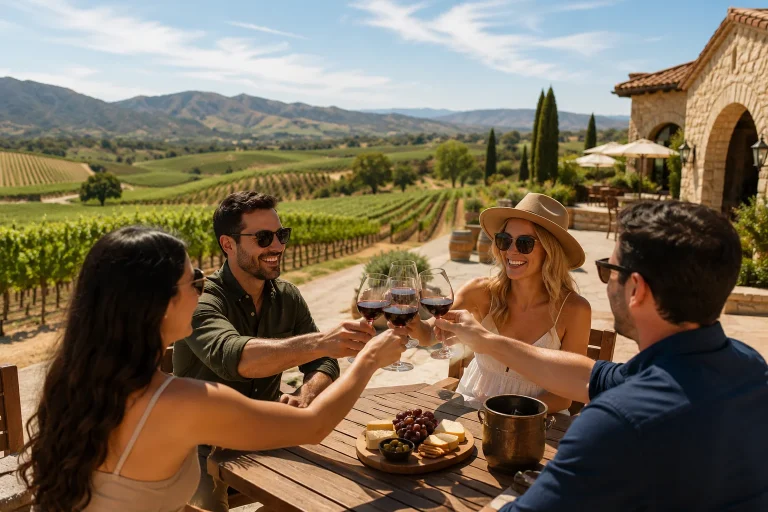 Friends enjoying a wine tasting at a Temecula winery during a full-day vineyard tour