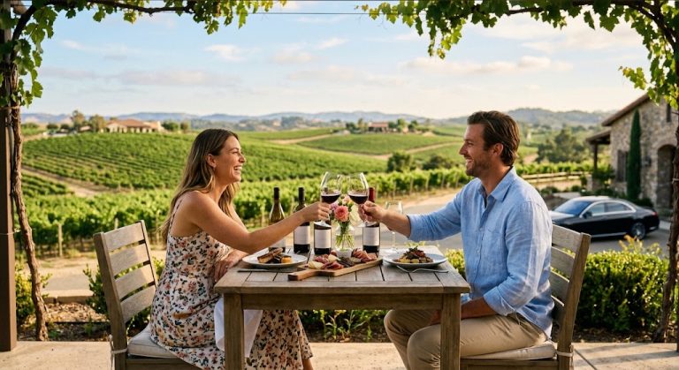 Couple toasting with red wine glasses at a terrace table during an anniversary wine tour in Temecula overlooking scenic vineyard hills.