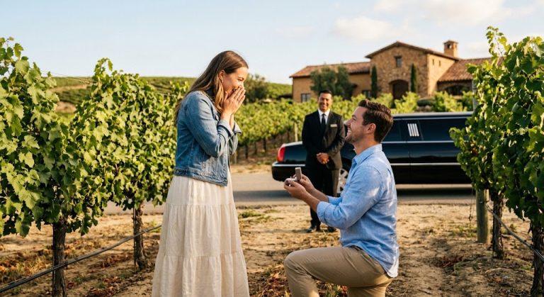 Man proposing on one knee with a ring box to a surprised woman in a Temecula vineyard during a surprise proposal wine tour.