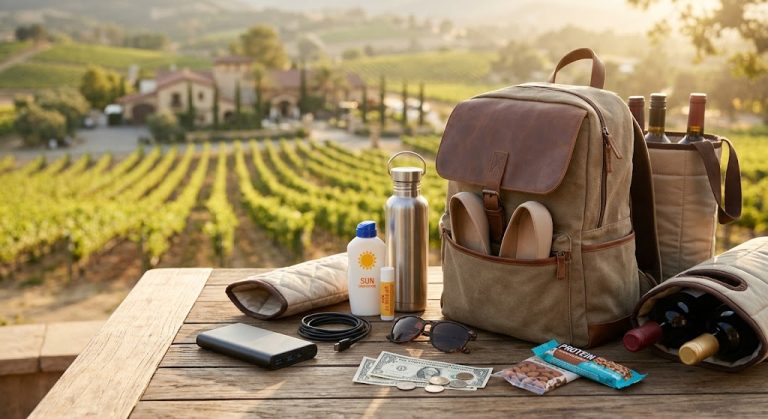 Daypack with power bank, stainless steel water bottle, sunscreen, sunglasses, cash, snacks, and padded wine sleeves on a outdoor table overlooking Temecula vineyards.