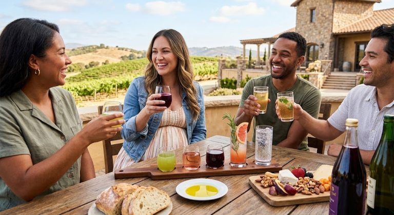 A diverse group of friends enjoying zero proof tasting flights, craft mocktails, and charcuterie on a vineyard patio during a Temecula wine tour.